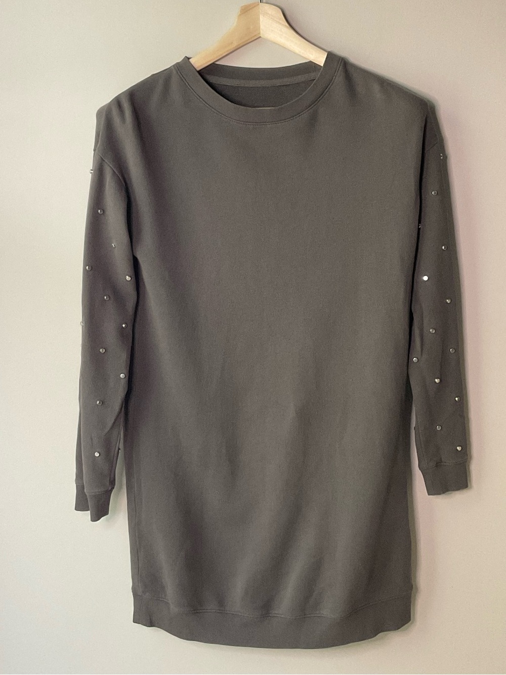 Grey Long Sweatshirt Dress with Studded Sleeves